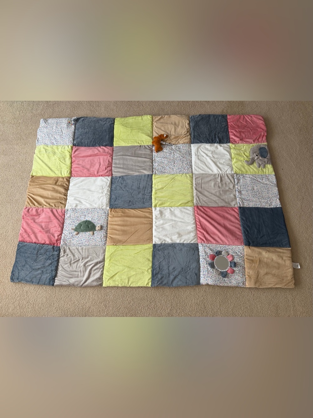 Plush Baby Quilted Activity Play Mat in Pink, Green, Gray & Tan 56"x 78"